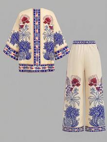 SHEIN Tween Girl Tween Girl Vacation Long Sleeve Kimono Cardigan Wide Leg Pants 2 Pieces Set - Multicolor - View 3