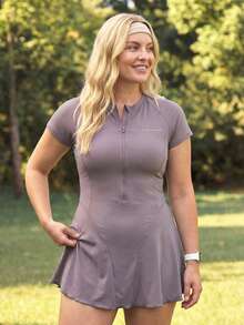 In My Nature Women's Plus Size Solid Color Minimalist Short Sleeve Sports Dress - Purple - View 5