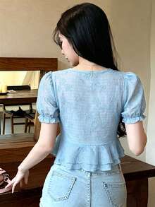 Joudiya 夏季水藍色深色圖案刺繡休閒可愛街頭婚禮度假夾克風收腰繫帶短袖女款襯衫 - 藍色 - 查看 4