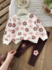SHEIN Baby Girl Knitted Floral Pattern Crew Neck Casual Sweatshirt And Long Pants 2-Piece Set - Multicolor - View 8