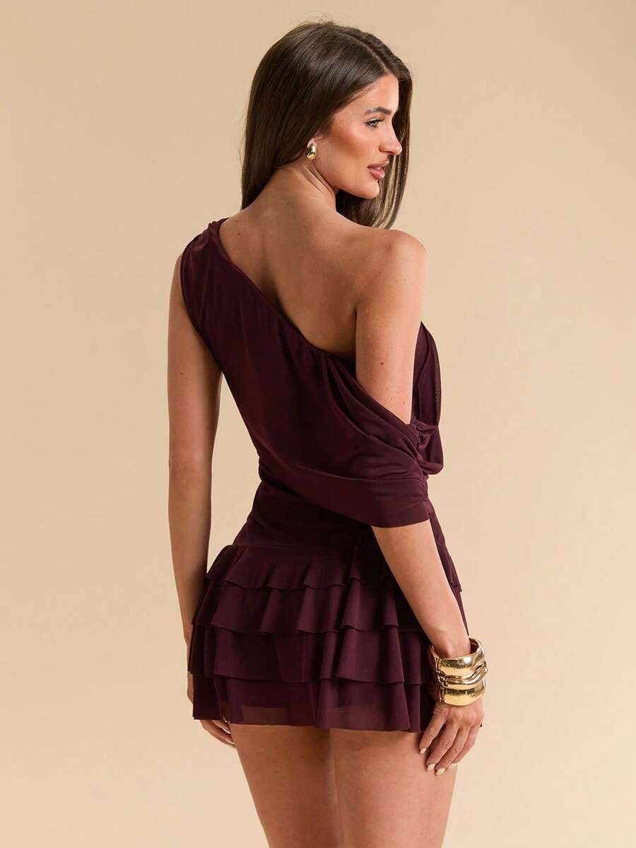 SHEIN BAE Spring/Summer Solid Purple One-Shoulder Asymmetric Draped Waist Multi-Layer Ruffle Short Mini Dress Sexy Hot Girl Date Party Dress - Purple - View 1