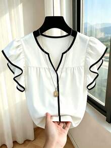 SHEIN Franclia Blouse décontractée d'été pour femmes, pour vacances et trajets quotidiens, avec bordure contrastée, col à encoche et emmanchures à volants - Blanc - Voir 3