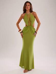 SHEIN BAE Spring/Summer Women's Casual Glamorous Elegant Vacation Halter Neck Beaded Decor Waist Cutout Ruched Back Ring Detail Olive Green Dress Night Out Sexy - Olive Green - View 5