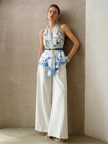 MOTF PREMIUM SPRING/SUMMER ELEGANT SILK SCARF PRINT BELTED HALTER TOP - Multicolor - View 7