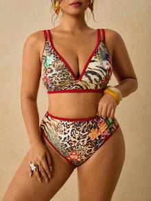 Travachic Conjunto de bikini de triángulo para mujer de talla grande con estampado de leopardo en bloques de color, con tiras y bragas de triángulo - Multicolor - Ver 6