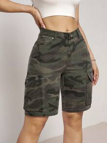SHEIN Tall Shorts de mezclilla de cintura alta con bolsillos casuales para mujeres altas - Multicolor - Ver 3