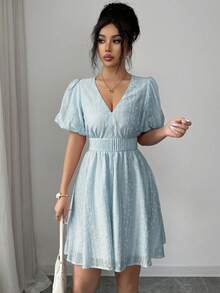 Modelyn Women's Elegant Striped Print Puff Sleeve Short Dress For Spring And Summer - Blue - View 8