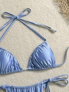 Swim Mod 女款春夏新款綁帶式三角比基尼兩件式泳衣 淺藍色休閒海灘風 - 藍色 - 查看 6