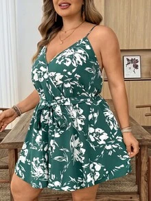 SHEIN CURVE+ 大尺碼花卉印花細肩帶綁腰連身褲 - 彩色 - 查看 7