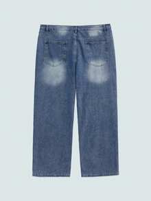 Hearty Haven 1pc Men's Plus Size Washed Loose Baggy Jeans, Casual Comfortable Versatile Wide Leg Denim Pants, All Season - Blue - View 5