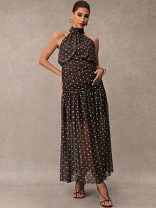 MaterniChic Maternity Summer Vintage Sexy Vacation Style Polka Dot Print Backless Knot Halter Neck Dress - Brown - View 5