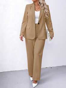 SHEIN LUNE Áo khoác Blazer tay dài màu trơn cỡ lớn có túi trước - Màu Khaki - Xem 1