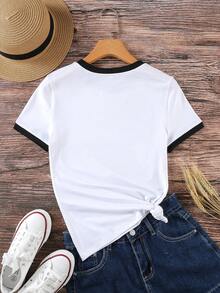 INAWLY Letter And Heart Print Ringer Tee Graphic Tees Women Tops - White - View 2