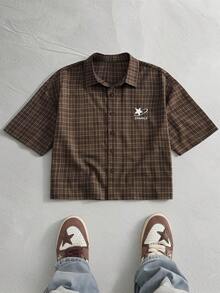 NORVETH Men's Plaid Single-Breasted Letter Print Casual Versatile Daily Wear Shirt - Brown - View 1