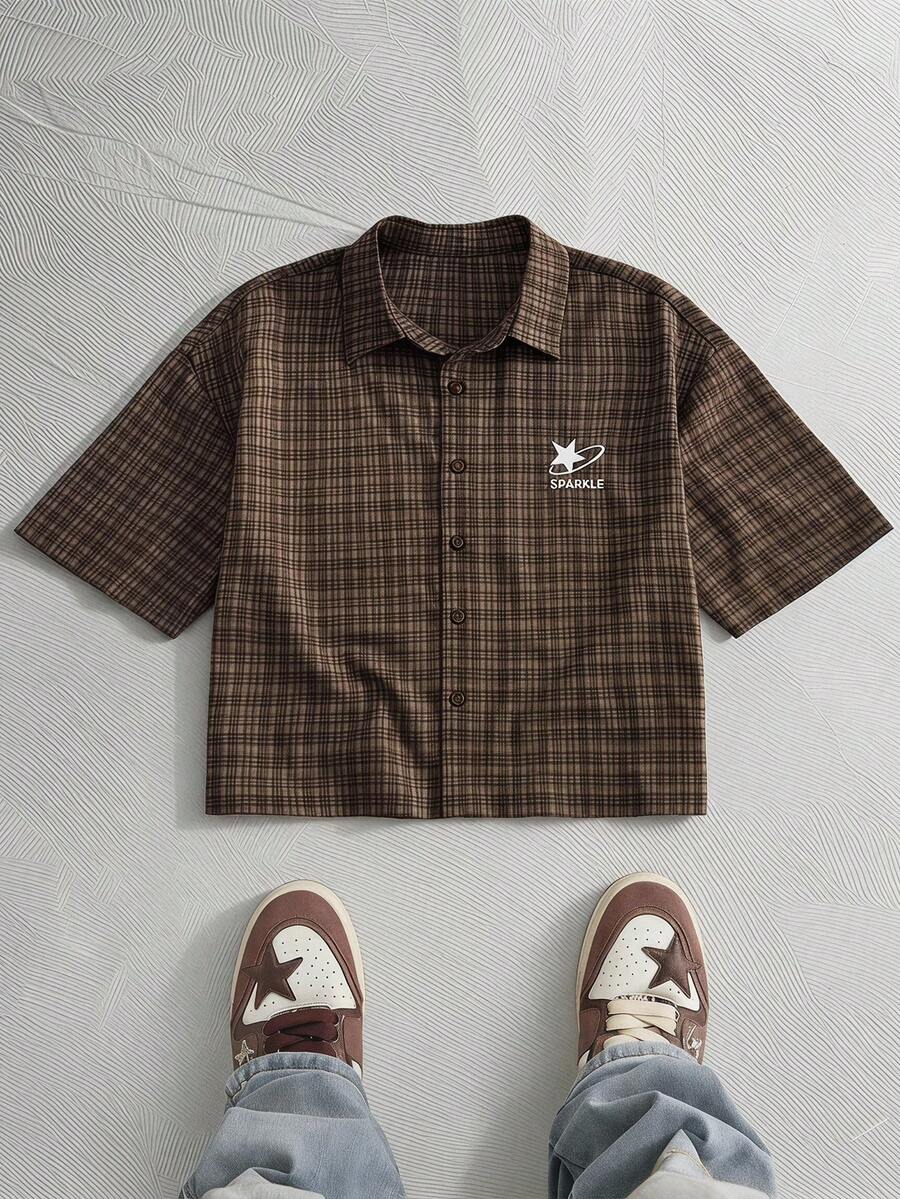 NORVETH Men's Plaid Single-Breasted Letter Print Casual Versatile Daily Wear Shirt - Brown - View 1