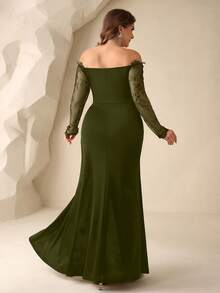 Coutiva Vestido de Noche Formal Talla Grande con Hombros Descubiertos (Diseño Intrincado) - Verde militar - Ver 2