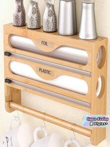 1 Roll Bamboo Cling Film Dispenser With Aluminum Foil Dispenser And Paper Towel Holder Space Saving Kitchen Wrap Organizer Rack For Kitchen Counter Drawer Back To School Season Durable Rust Proof Easy Cut Slider - Multicolor - View 1