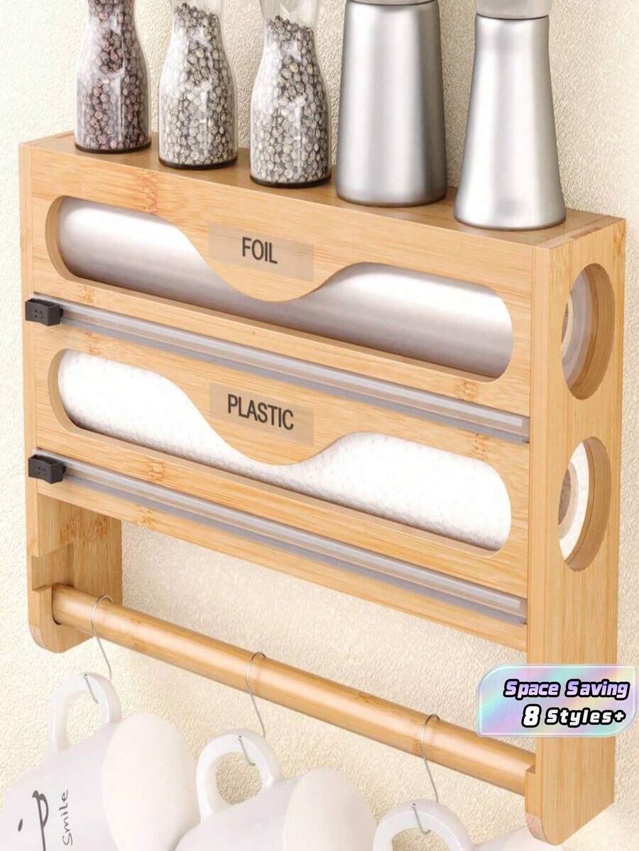 1 Roll Bamboo Cling Film Dispenser With Aluminum Foil Dispenser And Paper Towel Holder Space Saving Kitchen Wrap Organizer Rack For Kitchen Counter Drawer Back To School Season Durable Rust Proof Easy Cut Slider - Multicolor - View 1