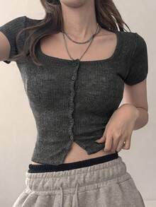 DAZY Women's Fitted Cropped Long Sleeve Ribbed T-Shirt - Grey - View 1