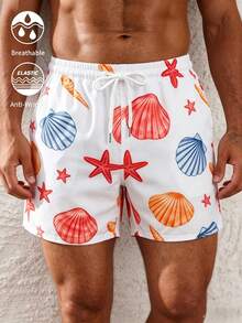 Manfinity KASUA Men's Starfish Print Drawstring Waist Pocket Beach Shorts,All White,Summer,Boho,Holiday,Party,Holiday Matching Swim Trunks For Men Plus Size Beachwear - White - View 3