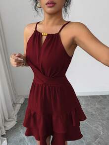 Elenzga Gaun Mini Wanita Musim Semi/Panas Elegan Berwarna Khaki dengan Hiasan Manik-manik dan Gesper, Tanpa Lengan, Desain Pita dan Gesper, Pas Badan, dan Model Mengembang - Burgundy - View 5