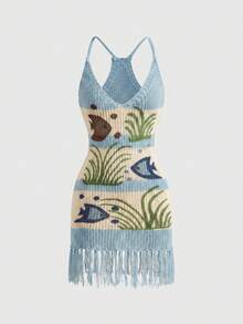 ROMWE Summer Outfits Beach Vacation Fish Print Tassel Fitted Knit Dress - Blue - View 1