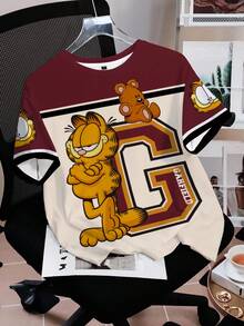 GARFIELD | SHEIN 大尺碼夏季休閒對比色貓咪與字母印花圓領短袖T恤 - 白色 - 查看 3