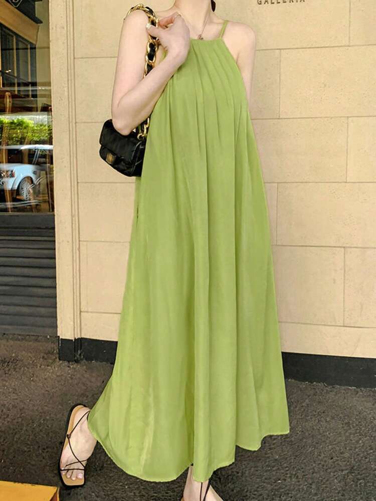 Solid Color Loose Spaghetti Strap Backless Pleated Casual Vacation Dress For Women, Summer