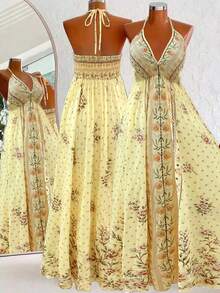 Flirla Váy slip đi biển in họa tiết phong cách Bohemian - Màu vàng - Xem 2