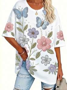 EMERY ROSE Large-Sized Women's Butterfly And Floral Print Short-Sleeved Round-Neck T-Shirt, Faux Embroidery Pattern Printed Casual T-Shirt, Summer Edition - Multicolor - View 3