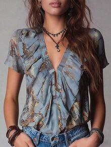SHEIN Áo kiểu Bohemian, Áo kiểu đồng quê, Áo kiểu nghỉ dưỡng, Áo kiểu thường ngày, Áo kiểu dự tiệc, Áo kiểu mùa hè, Áo kiểu họa tiết hoa. - Nhiều màu - Xem 1