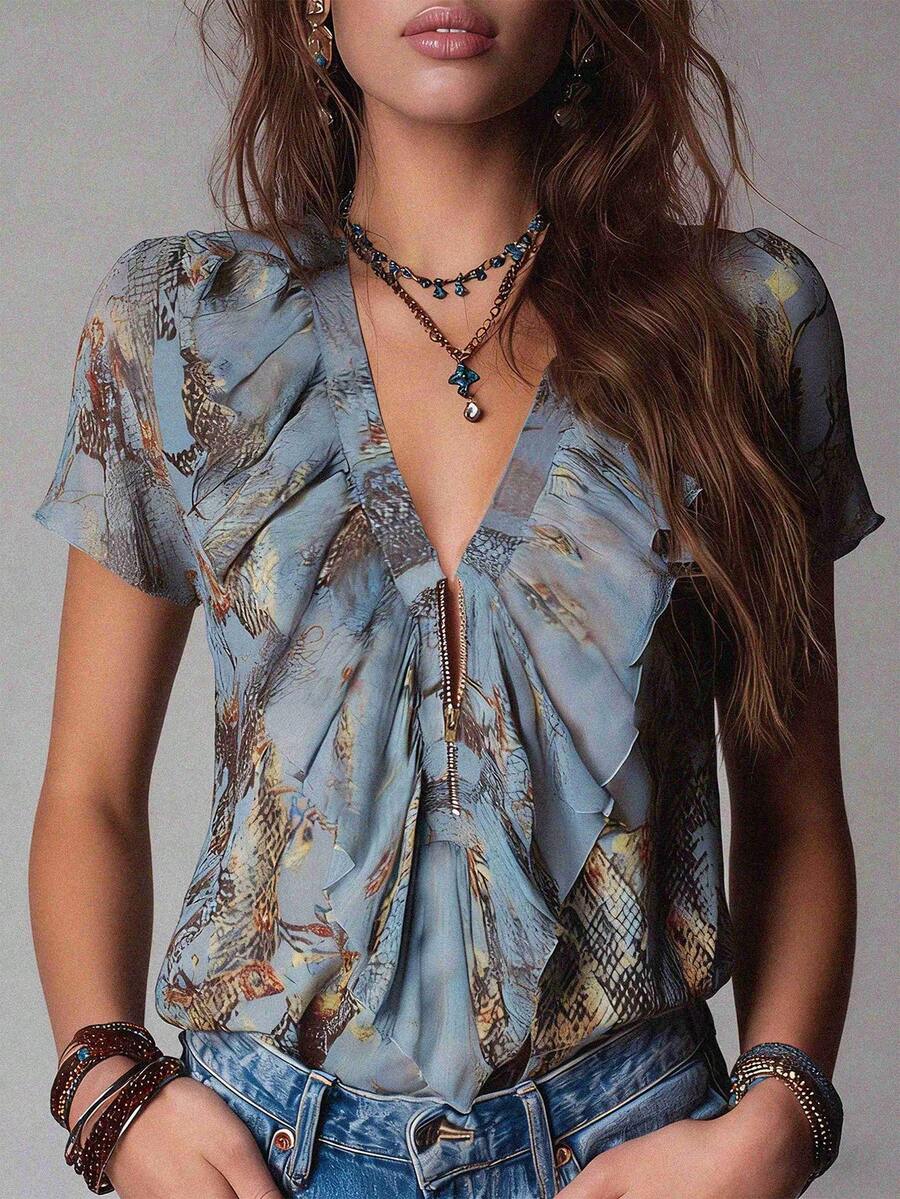 SHEIN Áo kiểu Bohemian, Áo kiểu đồng quê, Áo kiểu nghỉ dưỡng, Áo kiểu thường ngày, Áo kiểu dự tiệc, Áo kiểu mùa hè, Áo kiểu họa tiết hoa. - Nhiều màu - Xem 1