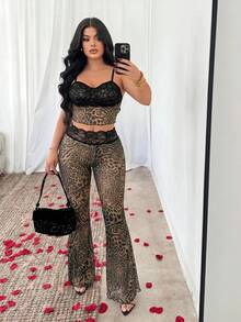 SHEIN SXY Summer Sexy Lace Patchwork Animal Print Cropped Camisole Flare Pants Club Night Out Party Beige Leopard Print - Multicolor - View 8