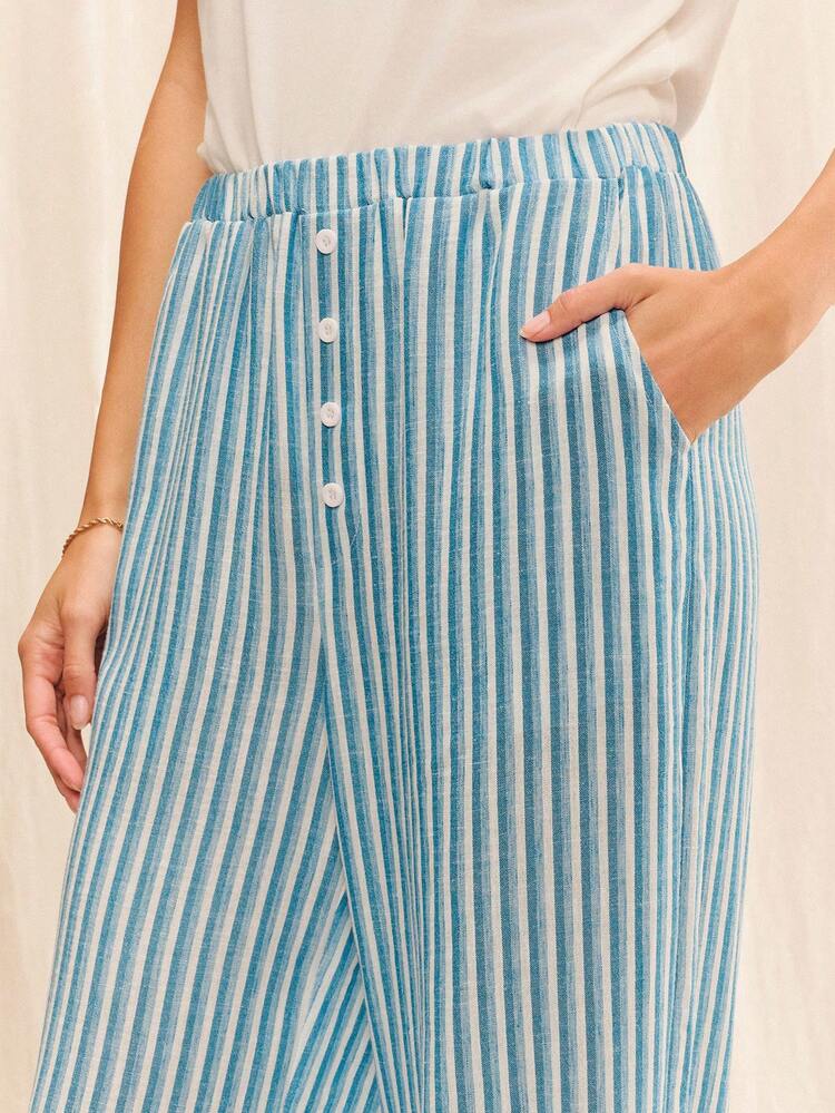 High-Waisted Blue Striped Trousers With Button Details And Straight Legs Summer Vacation Pants