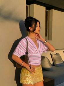 Aloruh 女款夏季休閒條紋收腰T恤 - 彩色 - 查看 9