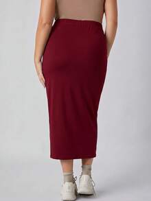 SHEIN BASICS Chân váy bút chì cạp cao màu trơn size lớn - Màu Đỏ Sâu - Xem 2