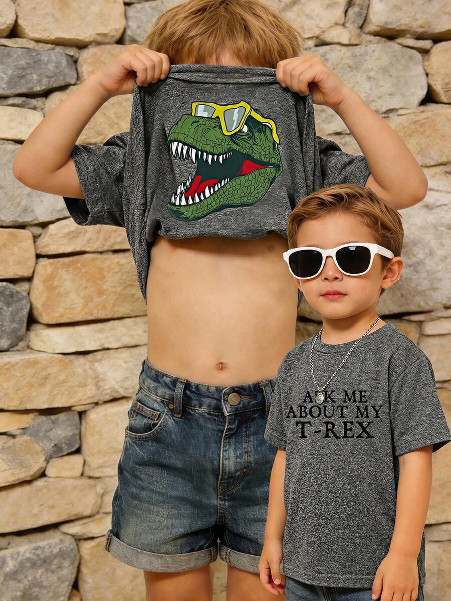 Kids Young Boy This Comfortable And Stylish Short-Sleeved Knit T-Shirt For Boys Features A Fun Dinosaur Cartoon Print A Round Neck, And A Relaxed Fit
