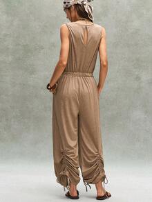 Bohemela Women's Summer Casual Boho Solid Knit Jumpsuit Ruched Detail Vacation Beach Festival Everyday Khaki - Khaki - View 7