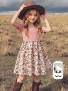 Emery Rose Kids Emery Rose Kids 少女純色針織圓領拼接梭織花卉下擺休閒洋裝 - 彩色 - 查看 4