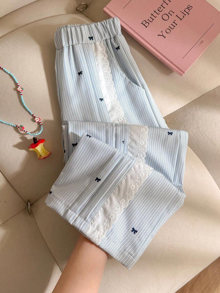 SHEIN Genkimix Kids Girls' Casual Fashion Bow Contrast Color Striped Pattern Print Pleated Ruffle Design Straight Leg Pants With Pockets, Suitable For All Seasons - Blue and White - View 1