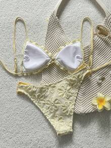 Swim Mod Set Baju Renang Wanita, Liburan Pantai Pulau, Tali Bahu Ganda Berumbai, Kain Bertekstur, Baju Renang Wanita Warna Kuning Pucat - Kuning muda - View 5