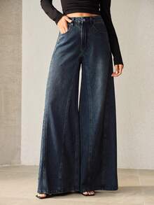 Anewsta Women's Spring/Summer Fashion Patchwork Blue Mother's Day Wide Leg Jeans - Blue - View 6
