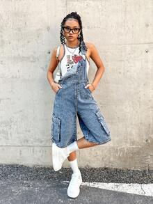 SHEIN 青少年女孩Y2K休閒純色水洗翻蓋口袋吊帶背帶牛仔褲工裝連身褲不含背心，青少年女孩開學穿搭服飾 - 中等水洗藍 - 查看 4
