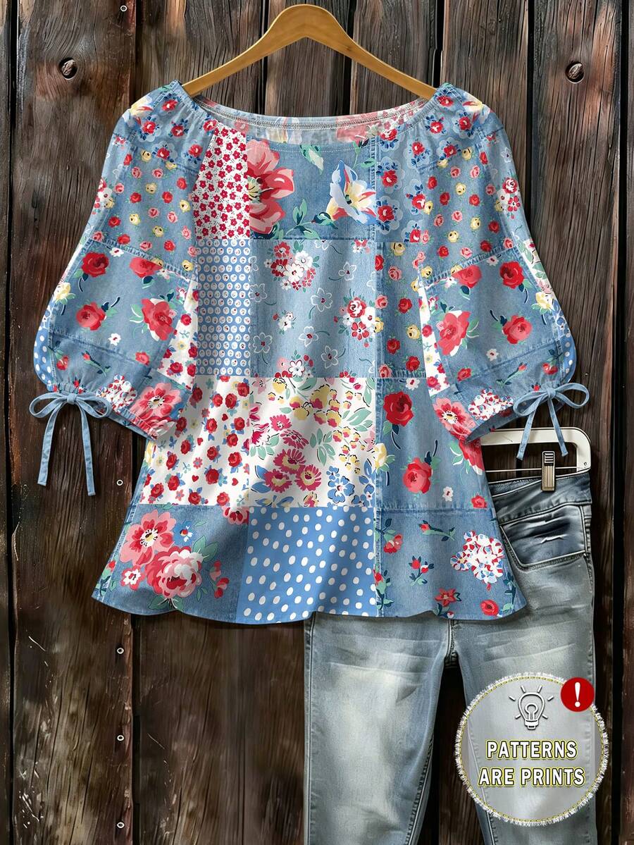 EMERY ROSE Patchwork Design Floral Polka Dot Pattern Round Neck Woven 3/4 Sleeve Blouse - Multicolor - View 1