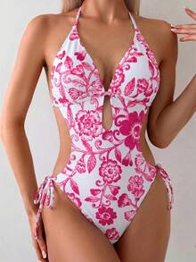 Swim Lushoire 女款花卉印花掛脖式連身泳衣 - 玫紅色 - 查看 5