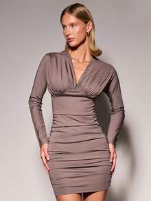COSMINA Women's Elegant Sexy Slim Fit Mini Dress Night Out Date Night Rusty Dusty Autumn Graduation Party Mauve Shades Of Brown - Dark Grey - View 4