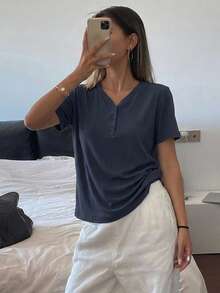 Dazy-Less Solid Color Rib Knit V-Neck Short Sleeve T-Shirt Old Money Style Summer Business Casual Woman Work Clothes - Navy Blue - View 8