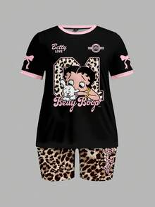 Slaydiva Betty Boop x SHEIN 加大码夏季街头卡通图案撞色滚边短袖T恤和豹纹短裤两件套 - 彩色 - 查看 3