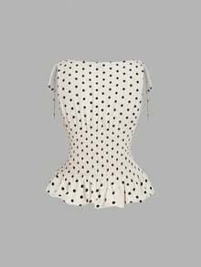 SHEIN MOD 女款圓點印花壓褶收腰無袖上衣與長褲兩件套 - 杏色 - 查看 4