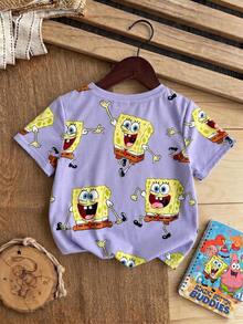 SpongeBob SquarePants | SHEIN 少女夏季休閒卡通印花T恤 - 紫色 - 查看 4